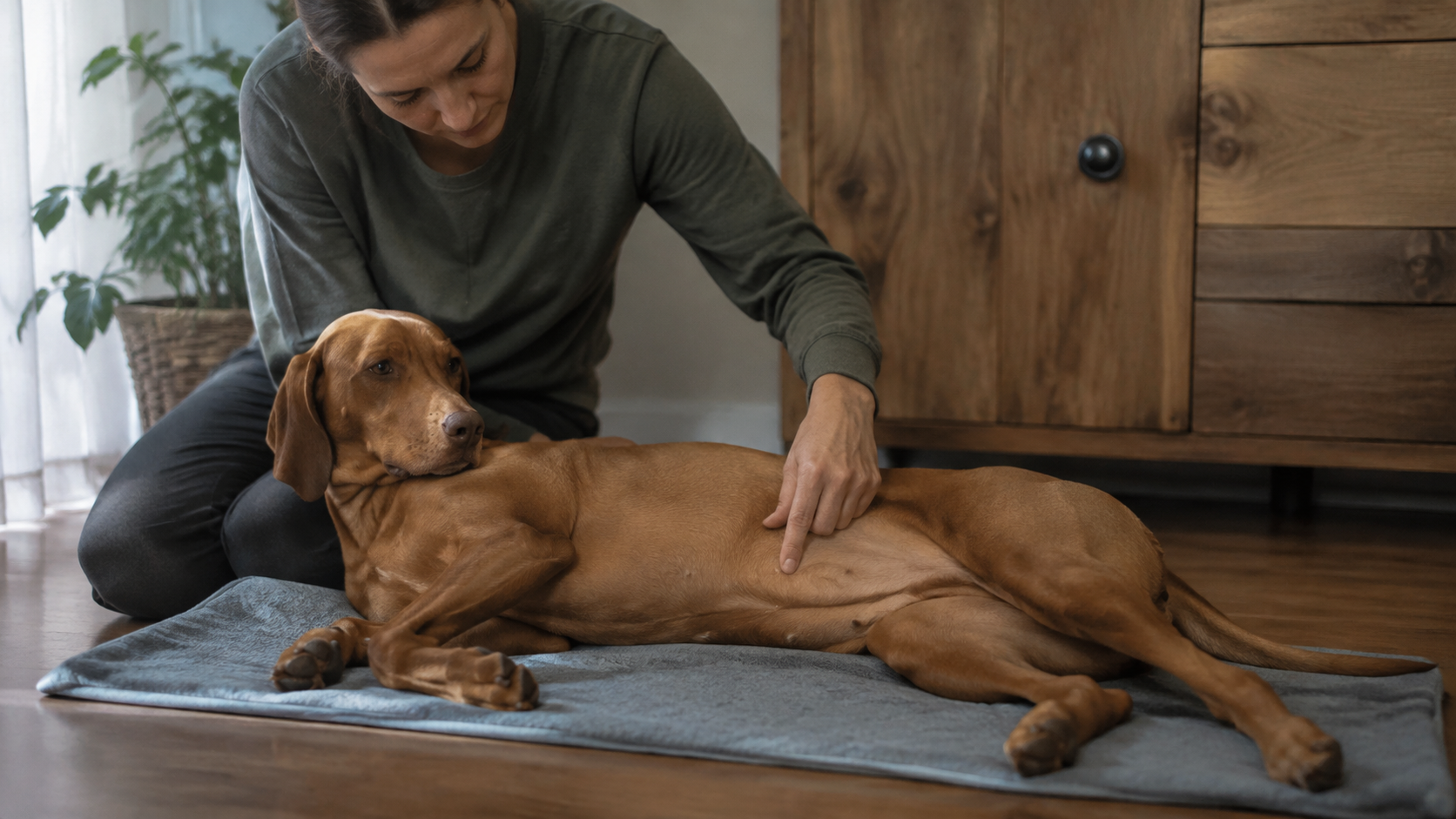 Veterinář pohmatem vyšetřuje břicho psa při podezření na kýlu